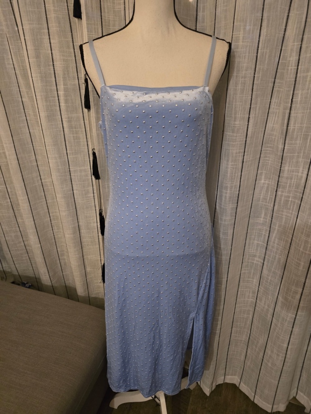 love, Fire Light Blue Beaded Midi Slip Dress
